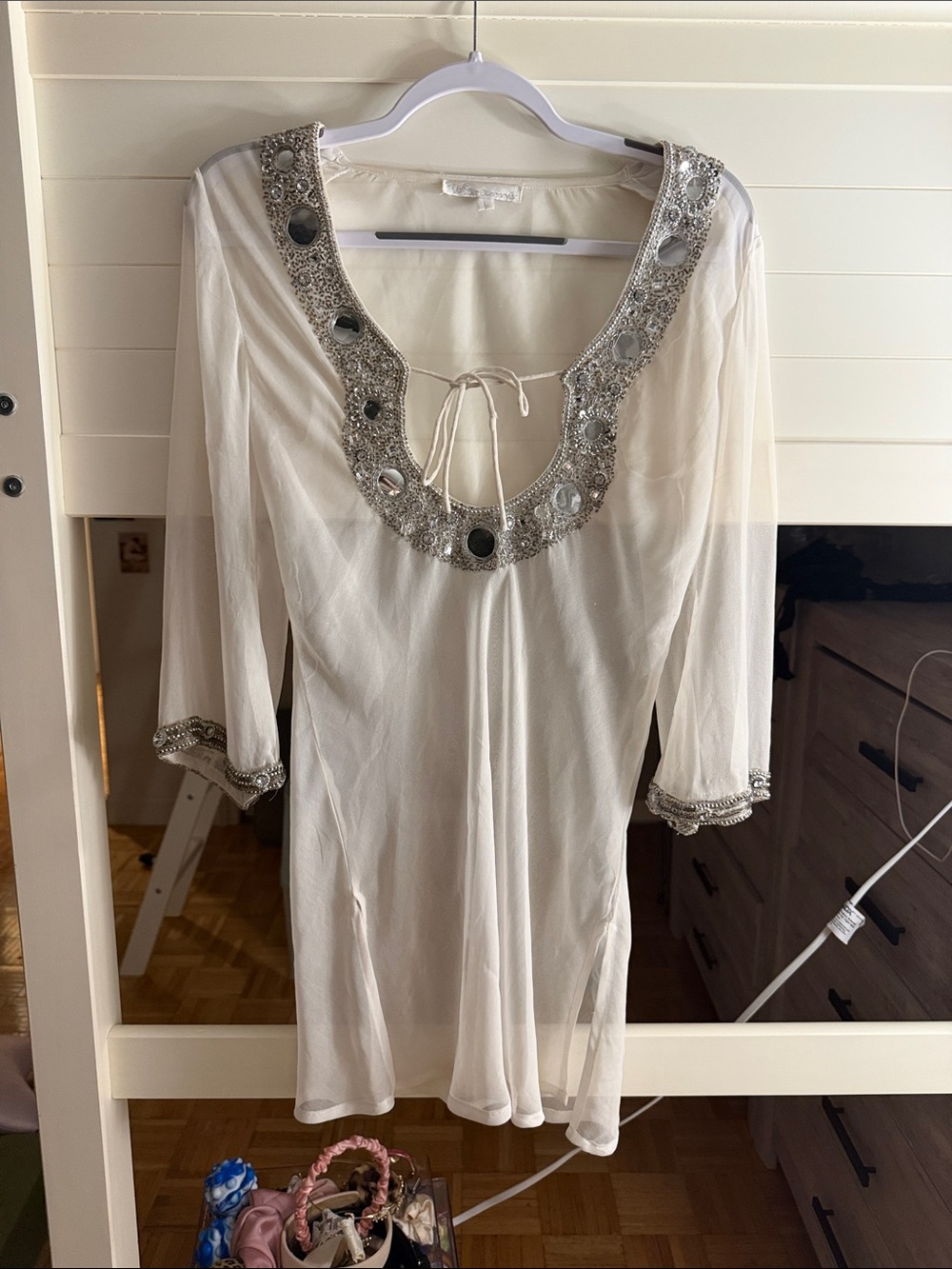 Y2K White Beaded Sheer Top with Mirror Accents